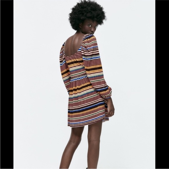 Zara Multicolor Pleated Striped Mini Dress - Picture 3 of 5